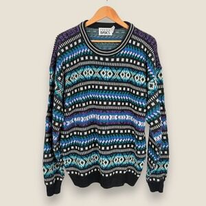 Vintage Trend Basics Fair Isle Sweater Knit Men XLT Tall Black Blue Purple